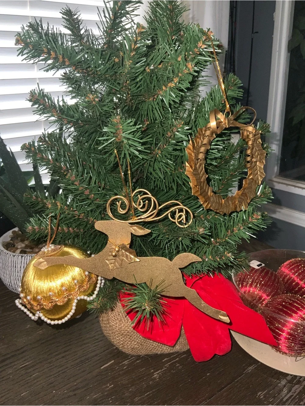 Pier 1 Gold Reindeer and Wreath Holiday Ornaments + 5 Decor Balls